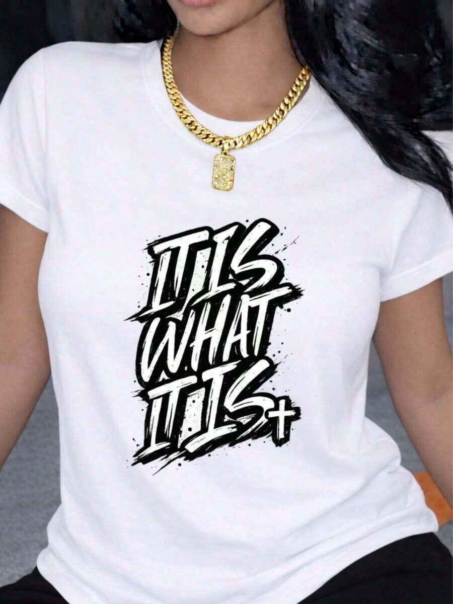 Summer Women's Short Sleeve T-Shirt With Vintage Handwritten "Let It Be" Print, Machine Washable, Breathable, Soft, Medium Stretch Fabric, Suitable For All Seasons, Casual Short Sleeve T-Shirt. Y59A Women's Short Sleeve T-Shirt, Basic Style For Indoor And Outdoor Wear. - 白色的 - 查看 1