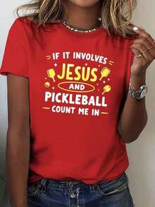 Summer Pickleball Jesus T-Shirt For Women, Spring, Round Neck, Loose Fit, Urban Hip-Hop, Comfortable Fit, Eye-Catching Print. Fashion All-Match Women's Short Sleeve T-Shirt, Basic Style For Inner & Outer Wear - 紅色的 - 查看 6