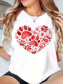 One-Piece Plus-Size Valentine's Day T-Shirt With Dog Paw Prints And Love Messages, Perfect For Dog Lovers. This Adorable Pet Design T-Shirt Features Romantic Phrases And Hearts, Making It Ideal For Valentine's Day And Pet Owners. Made From 180g Soft Cotton. - 白色 - 查看 7