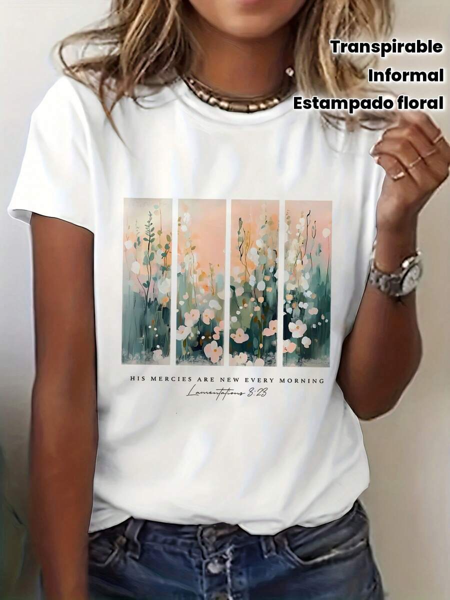 Camiseta vintage para mujer con estampado de flores silvestres cristianas, cuello redondo y mangas cortas, dise￱o inspiracional "Sus misericordias son nuevas cada ma￱ana", impresi￳n floral en tonos pastel, material transpirable para primavera y verano, tela no transparente