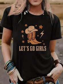 Women's Simple Loose Fit T-Shirt, Modern Style, Lightweight Spring Summer Tops For Women, Cowboy Boot And Letter Print T-Shirt, Casual Short Sleeve Round Neck, Breathable Cotton, Comfortable Fashion Clothing For Daily Street Wear, Simple And Cozy Short Sleeve T-Shirt For Daily Use. - 黑色 - 查看 7