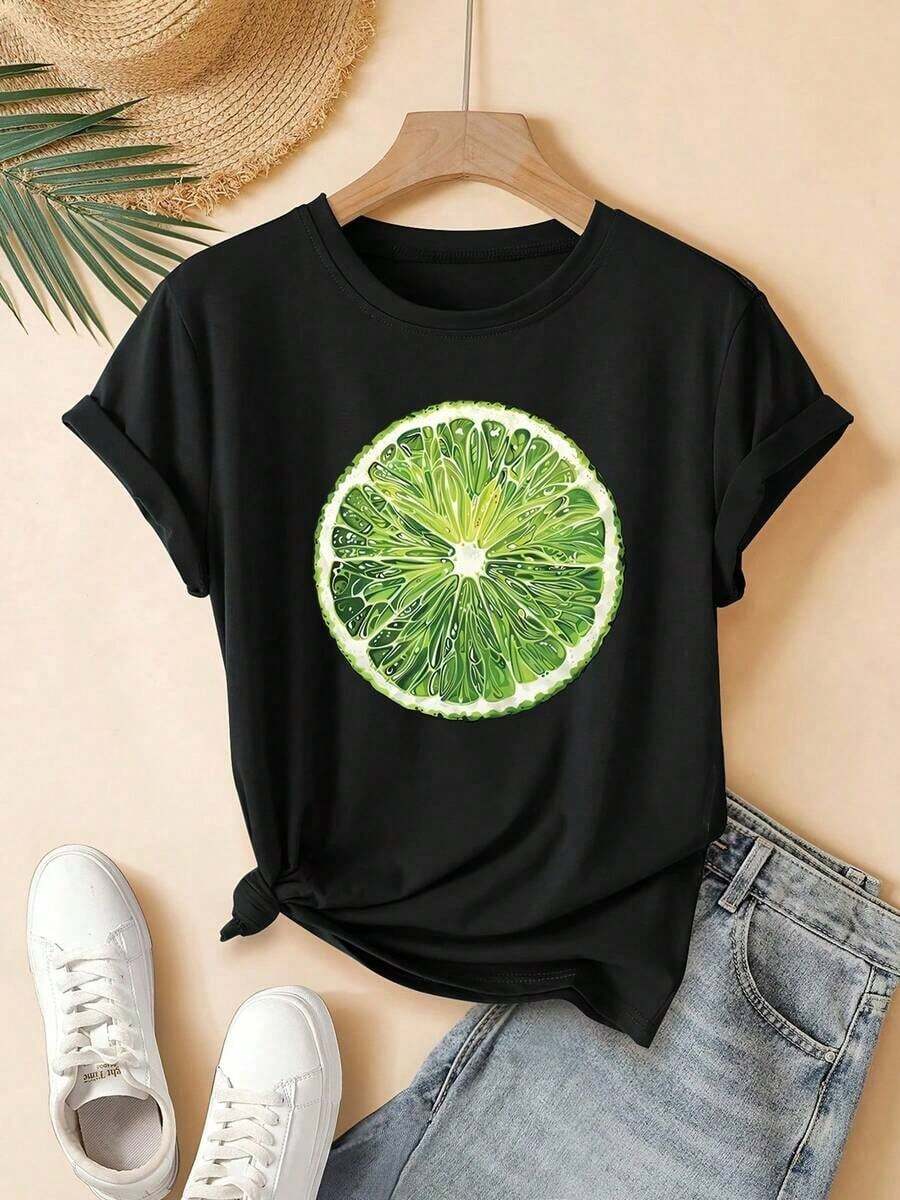 Women's Simple Loose Fit T-Shirt - Modern Style. This Short-Sleeved T-Shirt Features A Round Neck And A Lemon Slice Print. It's And Cute, Perfect For Young Women. Machine Washable, It's Suitable For Everyday Casual Streetwear, Makes A Great Gift, And Is Ideal For Home, Office, And Other Occasions. This Comfortable, Soft, And Simple Short-Sleeved T-Shirt Is Perfect For Everyday Wear. - 黑色 - 查看 1