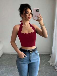 Top corto con escote halter, volantes y amarres en negro para mujer, ideal para vacaciones - Burdeos - Ver 9