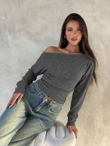 Top de manga larga asimétrico de hombro de punto de color albaricoque para mujer, otoño/invierno - Gris - Ver 7