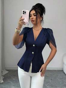 Blazer elegante y romántico para mujer con cuello en V, plisado y cintura ceñida - Azul marino - Ver 6