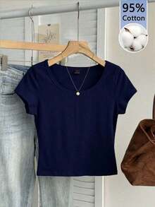 Camiseta ajustada de mujer de cuello de pico, manga raglán, color azul claro, estilo minimalista casual, 95% algodón - Azul - Ver 10
