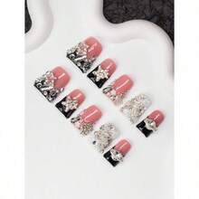 10Pcs Handmade Y2K-Style Duck Mouth Nail Tips, Nude & Black Colors With French Tip, Crystal, Snake, Flower, Planet, Star Elements, Suitable For Parties, Balls, Daily Wear, Unisex For Women & Girls, Comes With Accessories, Great Gift Press On Nails Nail Supplies Nails Handmade Press On Nails - Nhiều màu - Xem 3