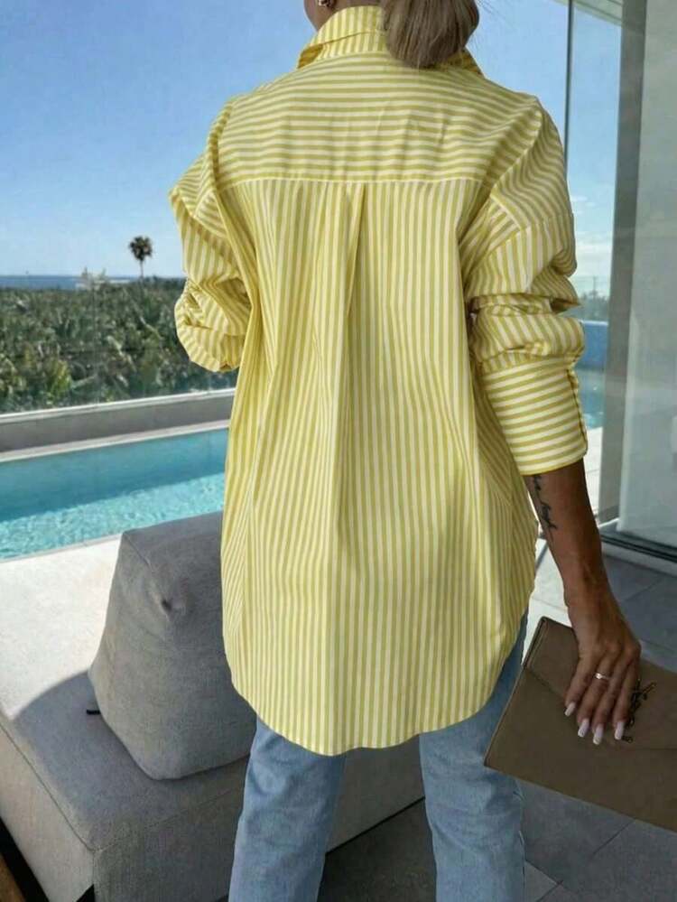 Plus Size Women's Long-Sleeved Striped Shirt, Loose And Casual Fit For Everyday Wear And Spring/Summer, Pink - 黃色 - 查看 3