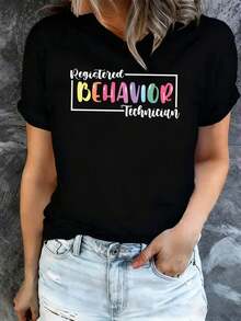 Camiseta de mujer RBT con tipografía vibrante y cuello redondo en negro - una camiseta casual moderna y eterna, perfectara la moda urbana y eerano. Una fantástica opción para regalar, también es adecu y cómodara el uso diario. - Negro - Ver 2
