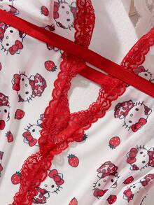 Sanrio Hello Kitty 女款兩件套紅色與白色草莓印花透視開衩蕾絲拼接性感露背睡裙睡衣套裝 - 紅白色 - 查看 5