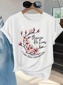 Camiseta de manga corta para mujer con estampado del proverbio 'Because He Lives' y flores de cerezo, con cuello redondo, lavable a máquina, cómoda, suave y transpirable, 4 de julio, camisetas gráficas para mujer, camisetas de gran tamaño para mujer, nueva camiseta estampada casual y elegante de manga corta para festivales, vacaciones, estar en casa, viajes, deportes, camping, entrenamiento, ropa de senderismo. - Blanco - Ver 1