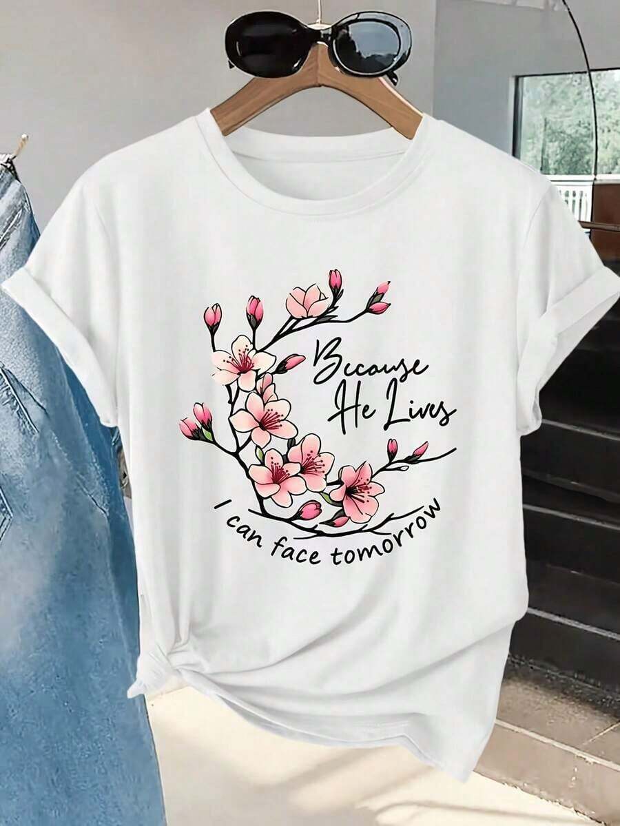 Camiseta de manga corta para mujer con estampado del proverbio 'Because He Lives' y flores de cerezo, con cuello redondo, lavable a máquina, cómoda, suave y transpirable, 4 de julio, camisetas gráficas para mujer, camisetas de gran tamaño para mujer, nueva camiseta estampada casual y elegante de manga corta para festivales, vacaciones, estar en casa, viajes, deportes, camping, entrenamiento, ropa de senderismo. - Blanco - Ver 1