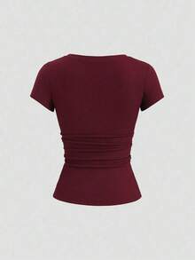 Camiseta de manga corta de unicolor con recorte de encaje de ojal semi-abierto para mujer, estilo urbano - Rojo - Ver 2
