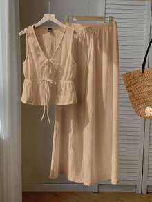 Conjunto de 2 piezas casual para mujer con top de cuello en V y pantalones en punto liso negro - Caqui - Ver 6