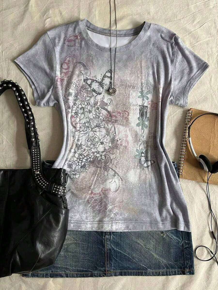 Camiseta de manga corta ajustada con estampado digital para mujer - Multicolor 2 - Ver 1