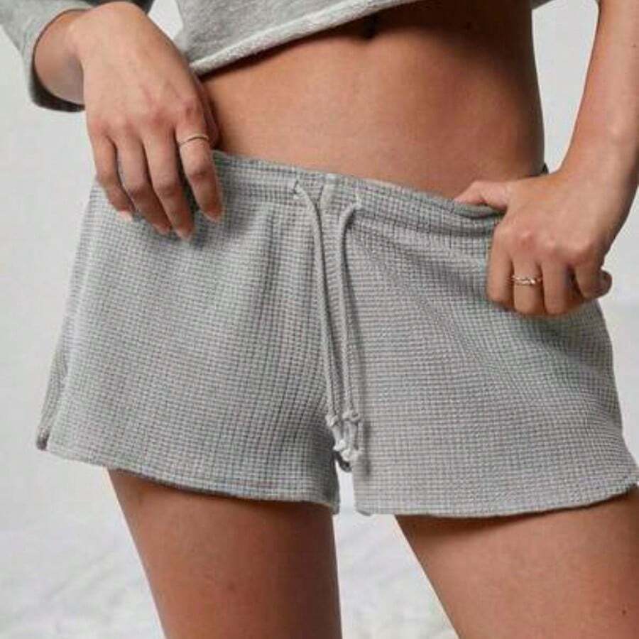 Mid Rise Drawstring Waist Textured Waffle Knit Lounge Short Spring, Summer, Festival, Stagecoach, Coachella, Boho, Cute, Casual, Country Concert Outfit, Nashville, Rodeo, Western Wear For Women, Vacation, Beach, 4th Of July Outfit - Gris - Ver 1