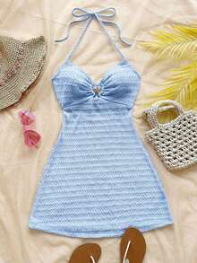 Vestido mini con textura, escote en V, decoración de estrella de mar metálica, cuello con lazo, espalda descubierta, ideal para vacaciones, citas, té de la tarde, días festivos, festivales de música, estilo bohemio - Celeste - Ver 3