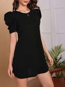 Clasi Vestido sólido negro con mangas abullonadas para mujer, vestido de - Negro - Ver 5