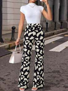 Pantalones elásticos de punto con estampado de cuadros elegantes para mujer, adecuados para varias ocasiones, como vacaciones de verano, viajes elegantes y uso diario - Blanco y Negro 2 - Ver 7