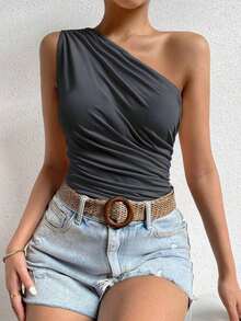 Parte superior de un solo hombro con plisado de unicolor informal de verano para mujer - Gris Oscuro - Ver 3