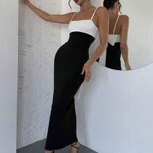 Women's Elegant Minimalist Exquisite Romantic Sweet Wedding Ceremony Party Vacation Backless Colorblock Bow Decor Black & White Spaghetti Strap Long Dress, Spring/Summer,Party Dress Fashion Clothing Summer Outfits Spring Outfits For Women  Wedding Guest Dress  Summer Holiday - Burdeos - Ver 5