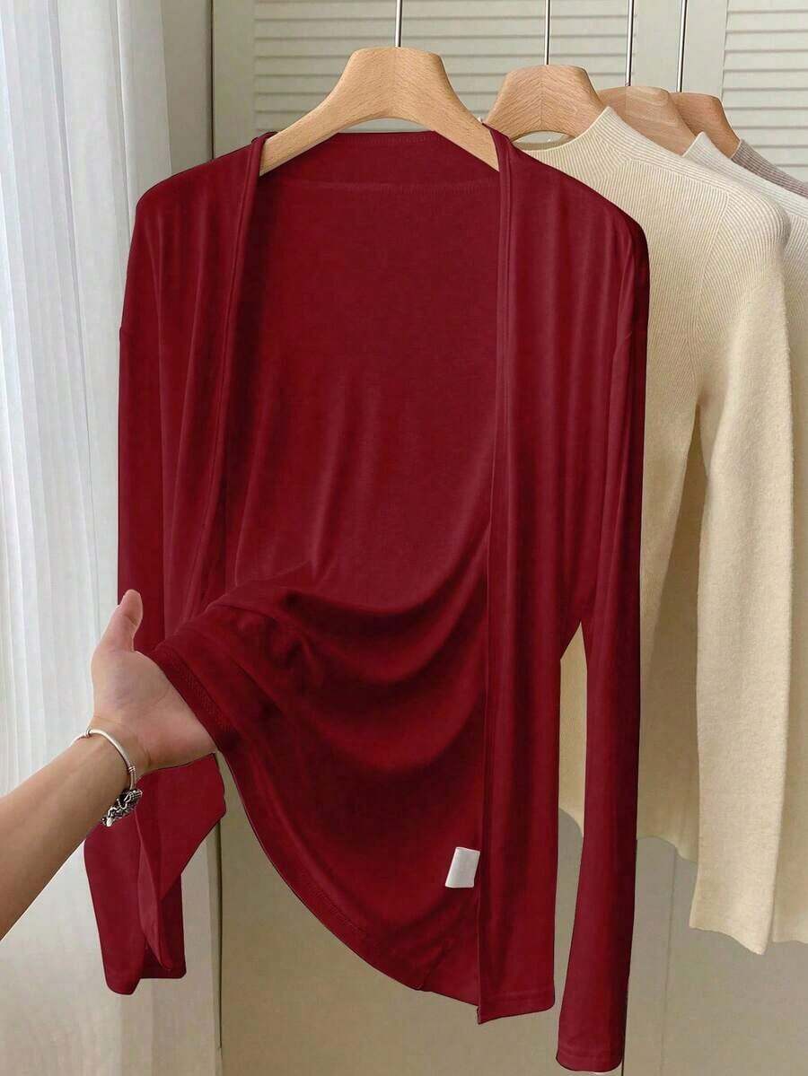 Chaqueta ligera de mujer de unicolor, de manga larga y con abertura frontal casual - Burdeos - Ver 1