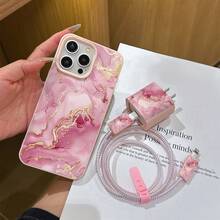 六合一液态粉色大理石纹理手机壳套装 - 包括手机壳、充电头保护套、数据线保护套、收纳线、数据线绕线绳、TPU防震保护壳，适用于 6/7/8/X/Xs/XR/XS Max/11/12/13/14/15/16 Pro Max，是送给情侣、女友、女儿、少女的理想生日、圣诞节、节日礼物。 - 彩色 - 查看 4
