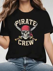 Camiseta de moda aventurera con estampado de calavera de tripulación pirata, manga corta y cuello redondo, top casual para verano y primavera, ropa de mujer - Negro - Ver 2
