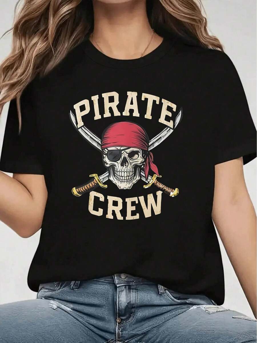 Camiseta de moda aventurera con estampado de calavera de tripulación pirata, manga corta y cuello redondo, top casual para verano y primavera, ropa de mujer[COD] - Negro - Ver 1