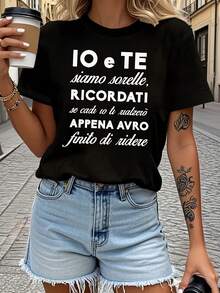 New Fashionable Women's Round Neck T-Shirt, Fun Design With Italian Sister Letter Print, Short Sleeve T-Shirt For Spring And Summer, Casual Style For Daily Wear, Holiday Gift, Universal Basic Style, Versatile Design Ready For Summer. - 黑色 - 查看 8