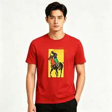 Camiseta de manga corta con estampado ecuestre vintage, modelo nuevo 2026, moderna, versátil y casual para uso diario. - Negro - Ver 11