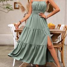 Women's Holiday Pleated Cami Dress Maxi Vacation Beach Outfit - Marrón Chocolate - Ver 6