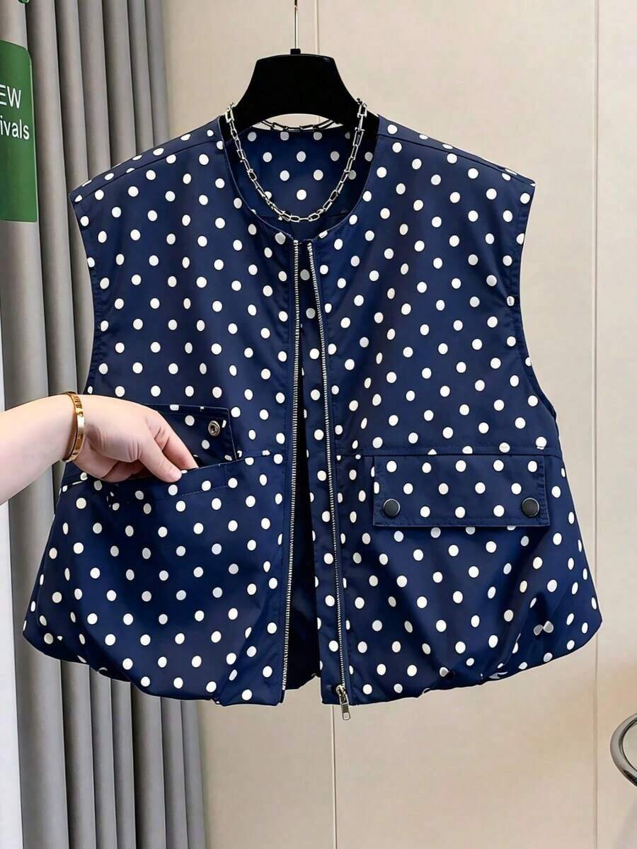 Chaleco corto sin mangas para mujer, blusa sin mangas con lunares y cuello redondo minimalista, diseño de dobladillo con volantes romántico, forrada, blusa versátil para primavera y verano - Multicolor - Ver 1