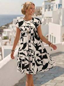 Vestido de mujer de manga corta con cuello redondo y estampado geométrico de verano - Negro - Ver 1