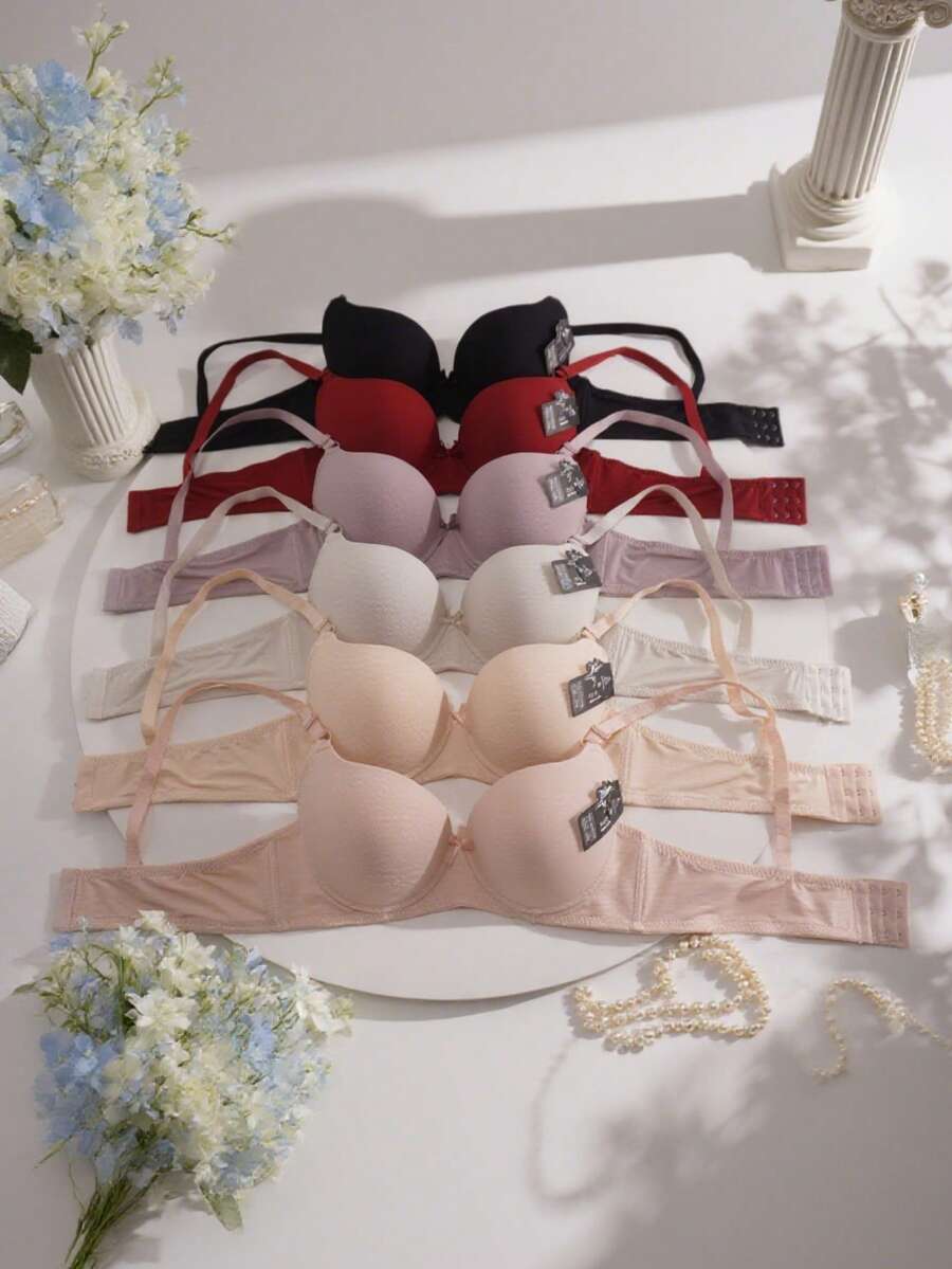 Sujetador de mujer, copa B, paquete de 6, 6 colores, cómodas copas de masaje, ajuste de tres botones, tirantes ajustables, decoración de lazo, sujetador push-up a rayas de color sólido sexy y cómodo.