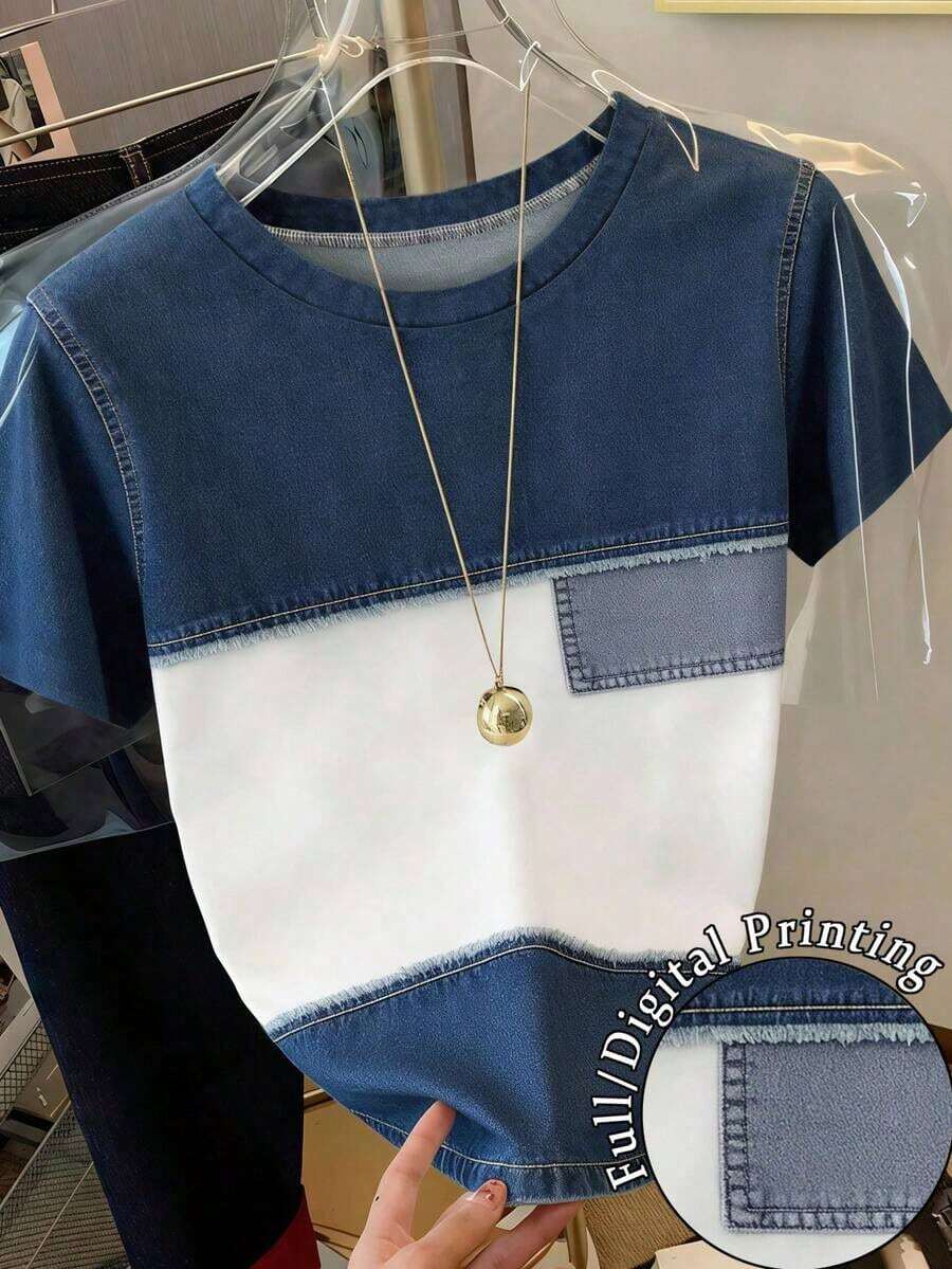 Camiseta casual de mujer con cuello redondo y mangas cortas, con efecto desgastado, versátil para uso diario - Multicolor 6 - Ver 1