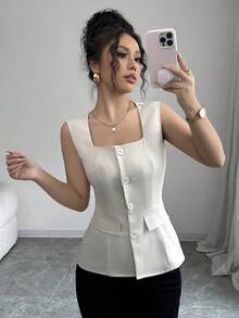 Blusa elegante de mujer con cuello cuadrado sin mangas, decoración con bolsillo falso, camisa ajustada de oficina, primavera/verano - Albaricoque - Ver 8