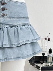 Falda de mezclilla de moda para mujer con diseño de cintura con botones y dobladillo con doble volante - Lavado ligero - Ver 5