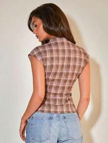 Blusa plisada con cuello para mujer, elegante para la oficina, artículo de moda versátil, adecuado para el trabajo, salidas casuales, fiestas, con estampado de cuadros marrones - Rosa - Ver 2