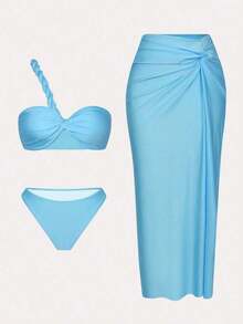 Swim Oasis Set de 3 piezas de nuevo conjunto de verano de unicolor: top sin espalda con nudo en el hombro, Bottom de bikini y vestido de playa con abertura y nudo - Celeste - Ver 6