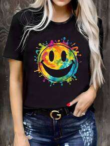 Camiseta Casual de Talla Grande para Mujer - Estampado Geométrico Colorido y Alegre, Cuello Redondo Manga Corta, Tejido Elástico, Lavable a Máquina, Ropa Cómoda para Primavera/Verano, Prenda Diaria para Todas las Estaciones - Negro - Ver 7