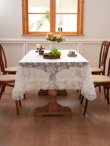 1pc French Countryside Style Floral Lace Trim Tablecloth, Holiday Decor - White - View 10