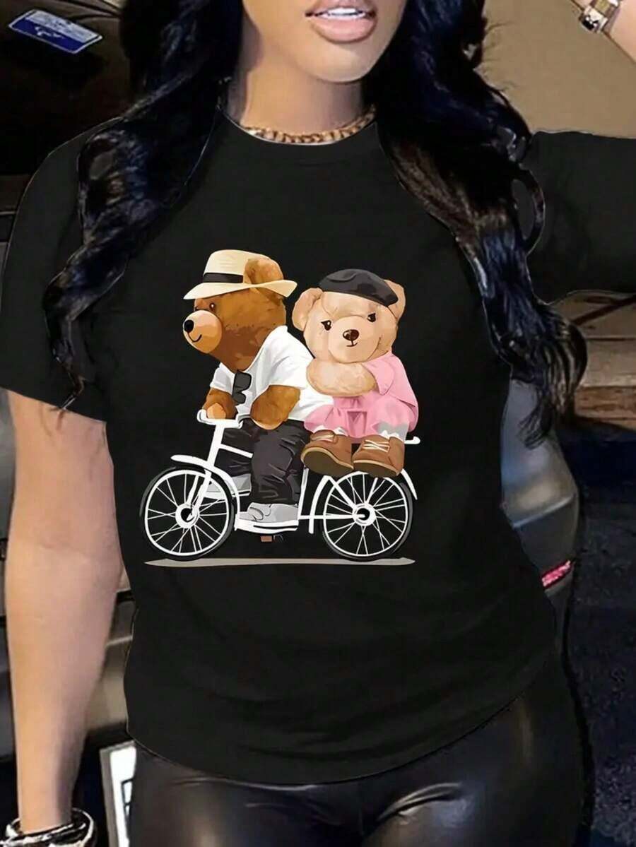 Camiseta estampada de osito de peluche, manga corta, cuello redondo, top casual para verano y primavera, ropa de mujerPure-Cotton - Negro - Ver 1
