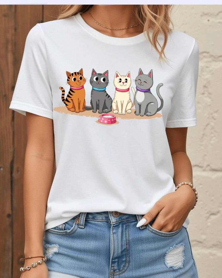Casual T-Shirt With Print, Cats Family Kittens Colorful Illustration, Women's Short Sleeve Round Neck, Polyester T-Shirt, Graphic Blouses For Women Pure-Cotton - 白色 - 查看 1