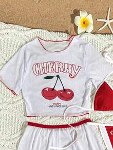 Bộ 4 món bikini nữ thắt nơ trước in quả anh đào co giãn cao kèm áo khoác ngoài, phong cách ngọt ngào dễ thương cho kỳ nghỉ, tiệc tùng, bãi biển mùa hè - Đỏ - Xem 4