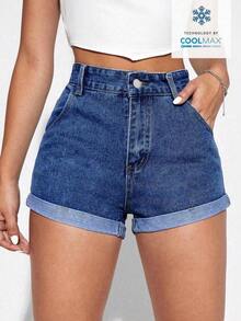 Shorts en mezclilla bajo de doblez - Azul lavado oscuro - Ver 1