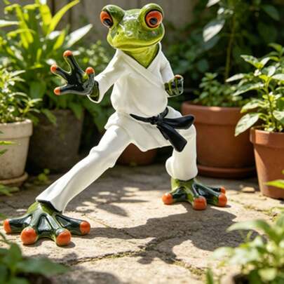 1 tượng ếch Kung Fu bằng nhựa, tượng ếch Taekwondo ngộ nghĩnh, vật trang trí cây mọng nước cho nhà và văn phòng.