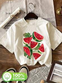 Estilo dibujado a mano, estampado de sandía, elementos de hojas, estampado de texto, cuello redondo, manga corta, camiseta 100% algodón. - Albaricoque - Ver 7