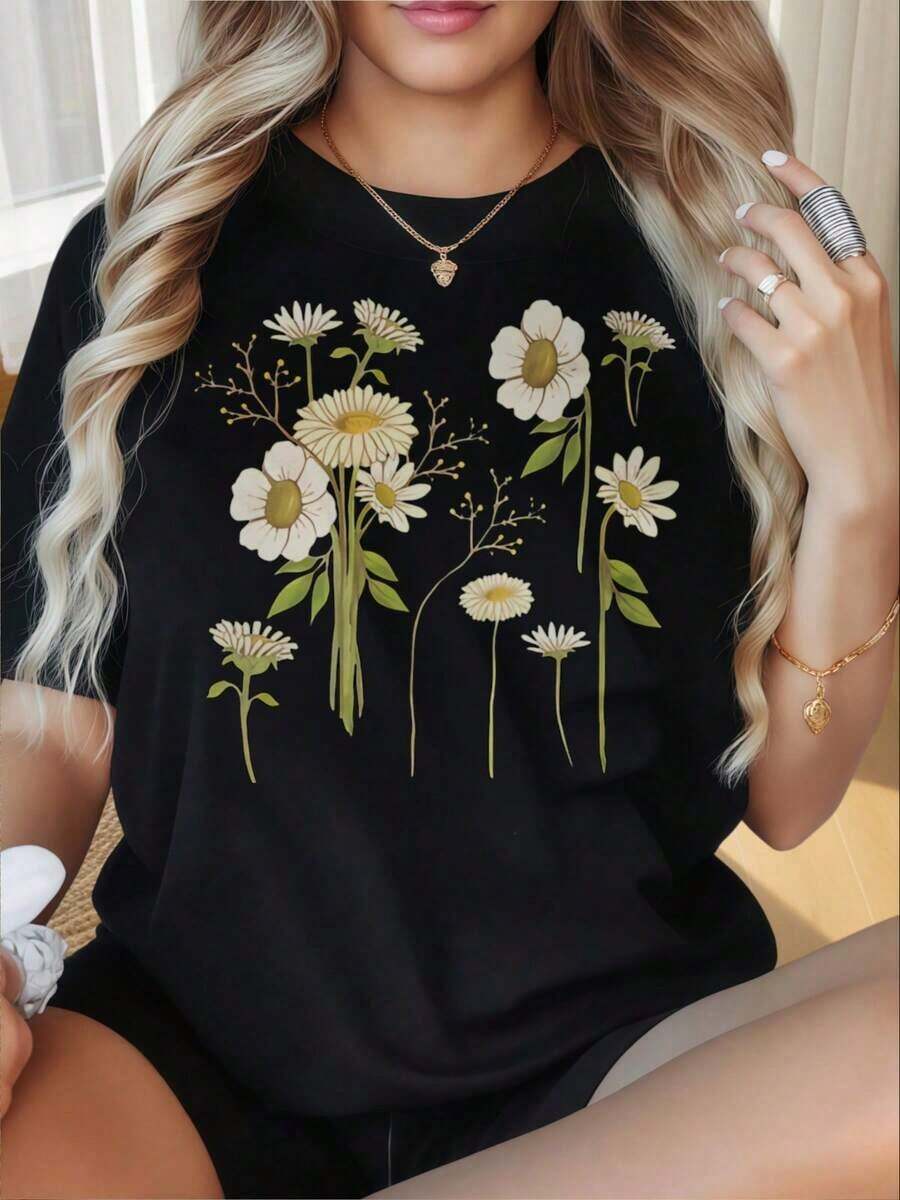 Camisetas manga corta mujer Camiseta de mujer 100% algodón con cuello redondo y mangas cortas, estampado divertido. Camiseta negra con estampado floral de margaritas para mujer, corte holgado informal, manga corta, top de moda de verano, camiseta gráfica. Adecuada para el Día de San Valentín, fiestas de Navidad, actividades deportivas, fiestas de vacaciones, salidas, deportes y otros regalos navideños. - Negro - Ver 1