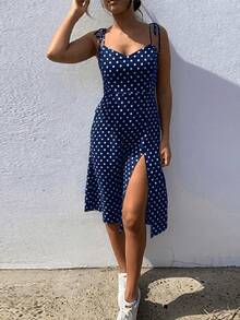 Women's Summer Dresses, Sleeveless Polka Dot Casual Dress With Pleated Elastic Waist And V-Neck, Beach Dress, Summer Dresses - 黑色 - 查看 11